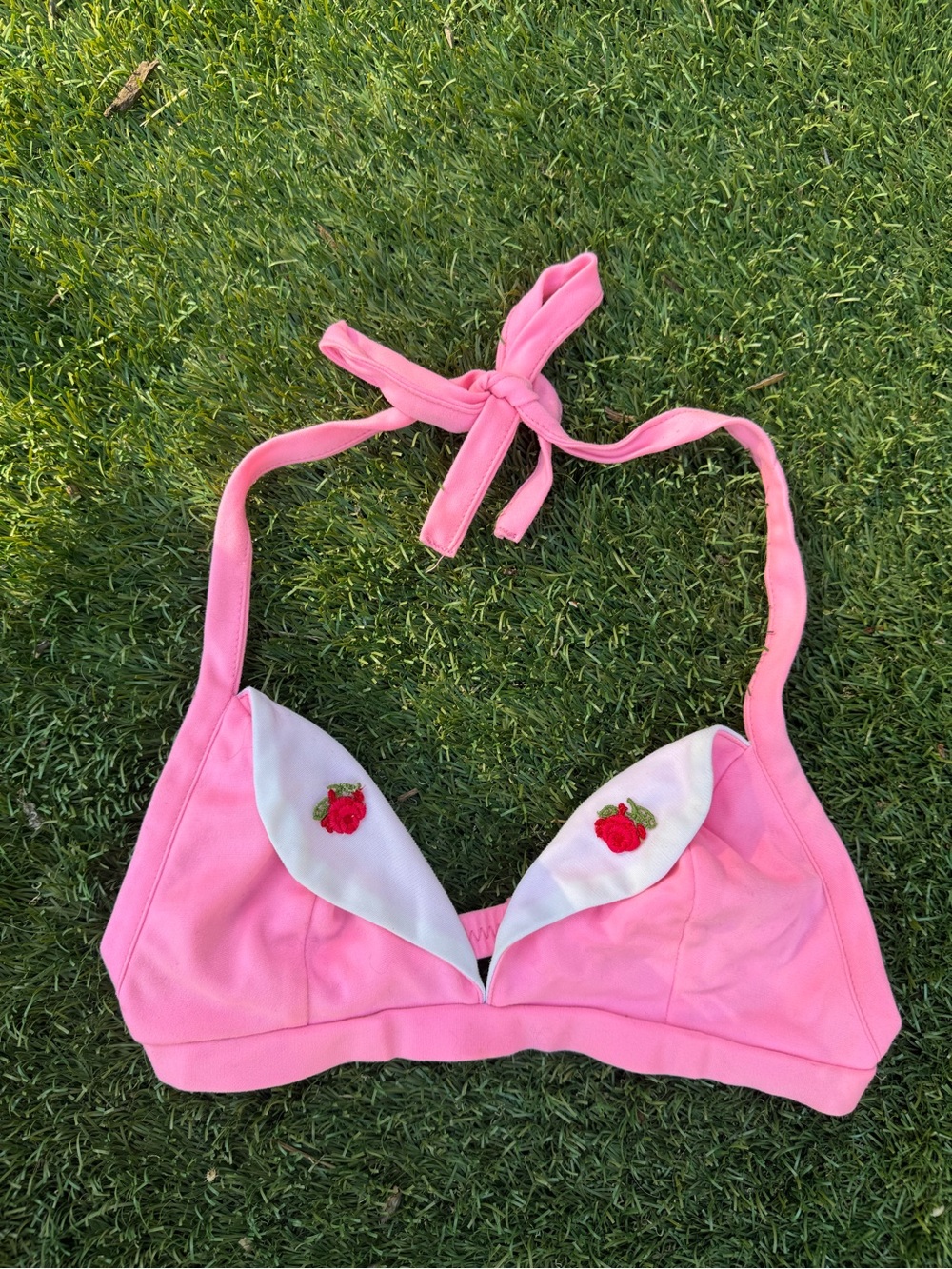 Vintage Pink Halter Bikini Top with Rose Embroidery